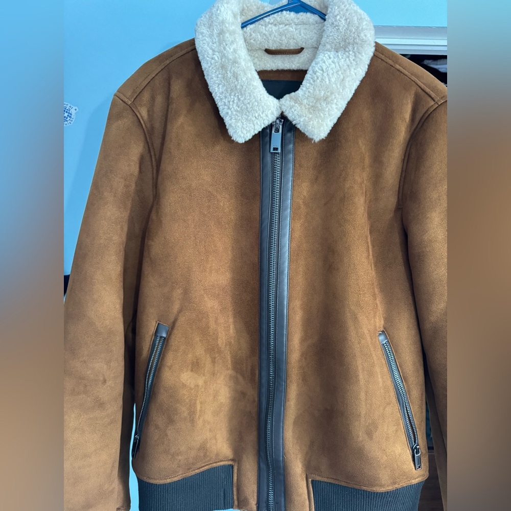 Dkny Brown and Cream Bomber Jacket with Shearling Collar